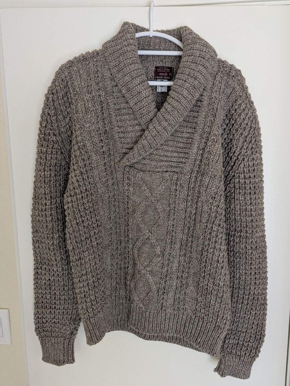 VTG Macy's Ireland Shawl Collar Cable Knit Men’s Sweater XL 80's Taupe New Wool